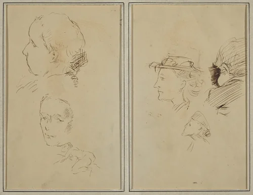 Two Head Studies and a Crouching Nude Woman; Two Women's Heads and a Head of Child [recto] by Paul Gauguin, drawing, 1884-1888