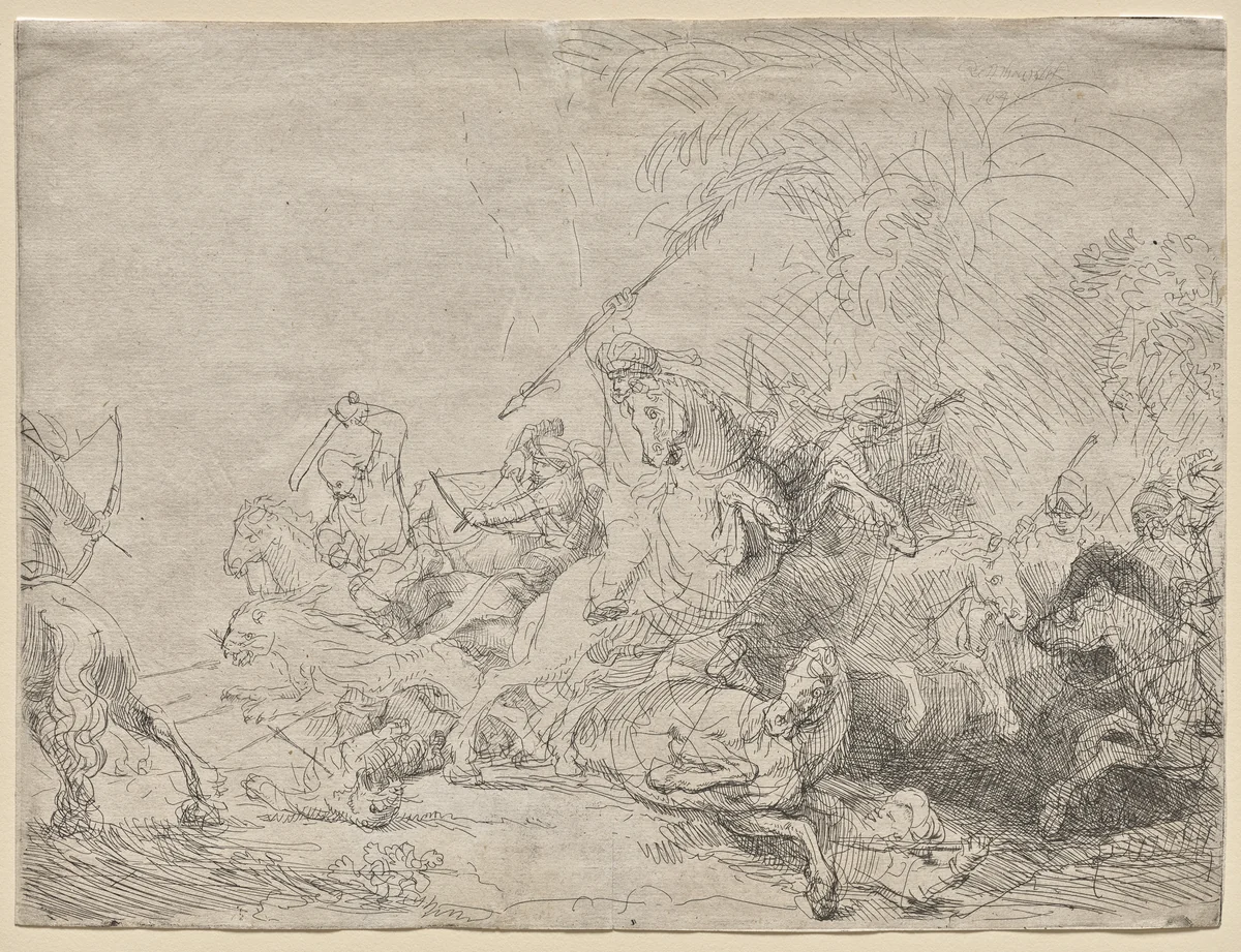 The Large Lion Hunt by Rembrandt van Rijn, print, 1641