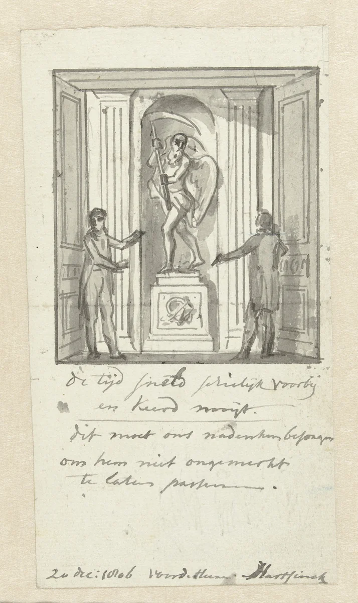 Twee mannen bekijken een beeld van de Tijd by Jurriaan Andriessen, drawing, 1806