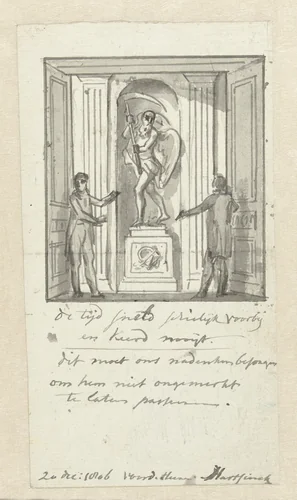 Twee mannen bekijken een beeld van de Tijd by Jurriaan Andriessen, drawing, 1806