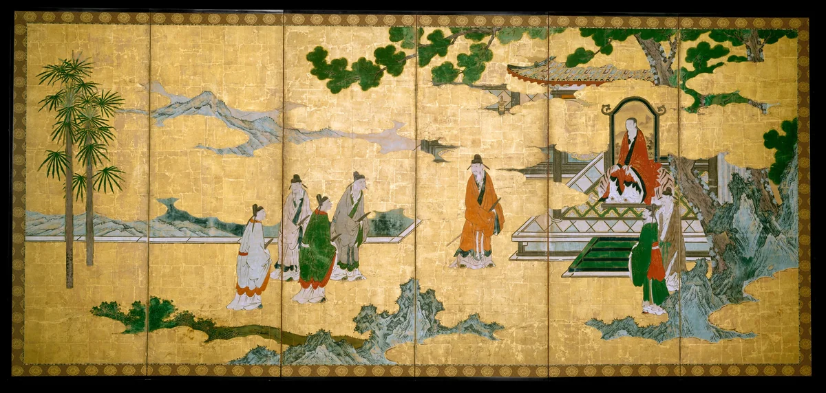 The Return to Court of the Four Graybeards of Mount Shang (left); Su Shi’s Visit to the Wind and Water Cave (right by Kano Mitsunobu (狩野光信), painting, 1571-1599
