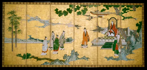 The Return to Court of the Four Graybeards of Mount Shang (left); Su Shi’s Visit to the Wind and Water Cave (right by Kano Mitsunobu (狩野光信), painting, 1571-1599
