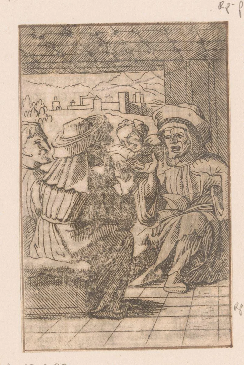 Vier theologen discussiëren over de bestraffing van ketters by Caspar Merian, print, 1516