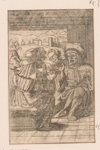 Vier theologen discussiëren over de bestraffing van ketters by Caspar Merian, print, 1516