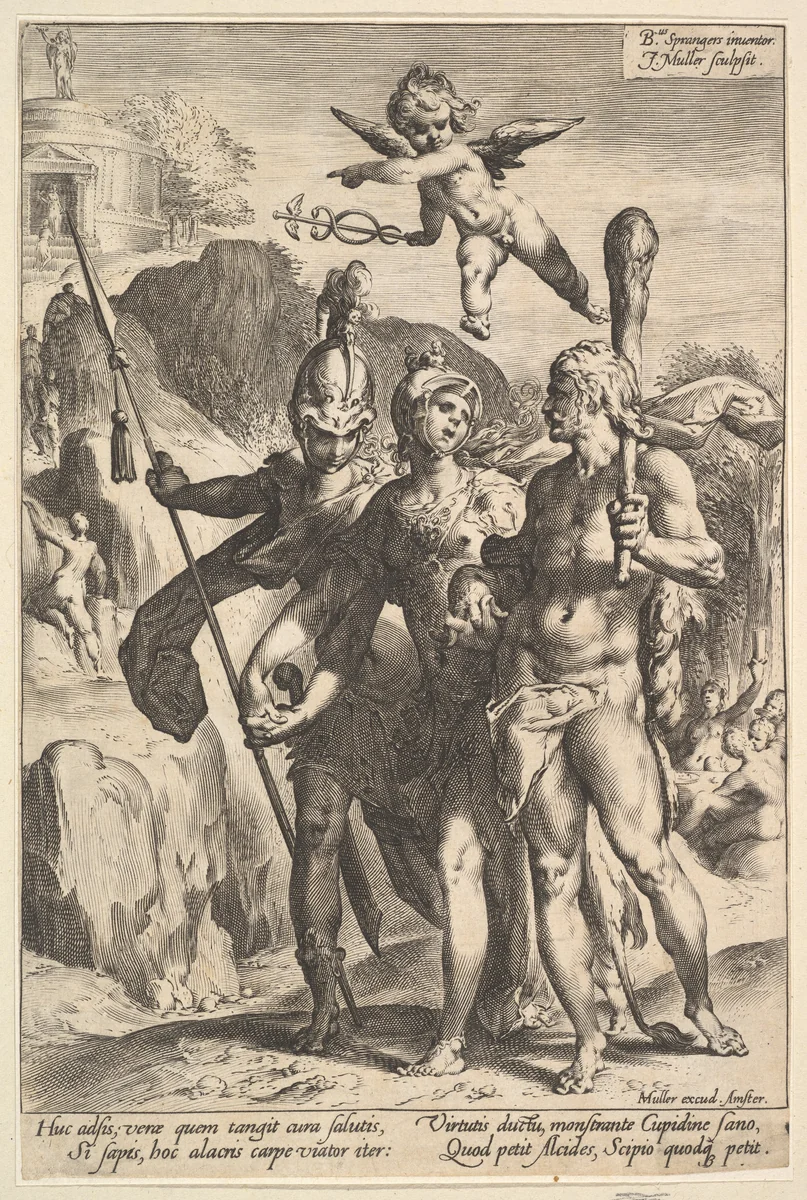 Minerva Leading Hercules and Scipio to the Temple of Fame by Jan Muller, print, 1586-1596