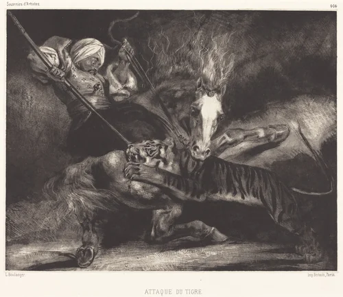 Attaque du tigre by Louis Candide Boulanger, print, 1806-1867