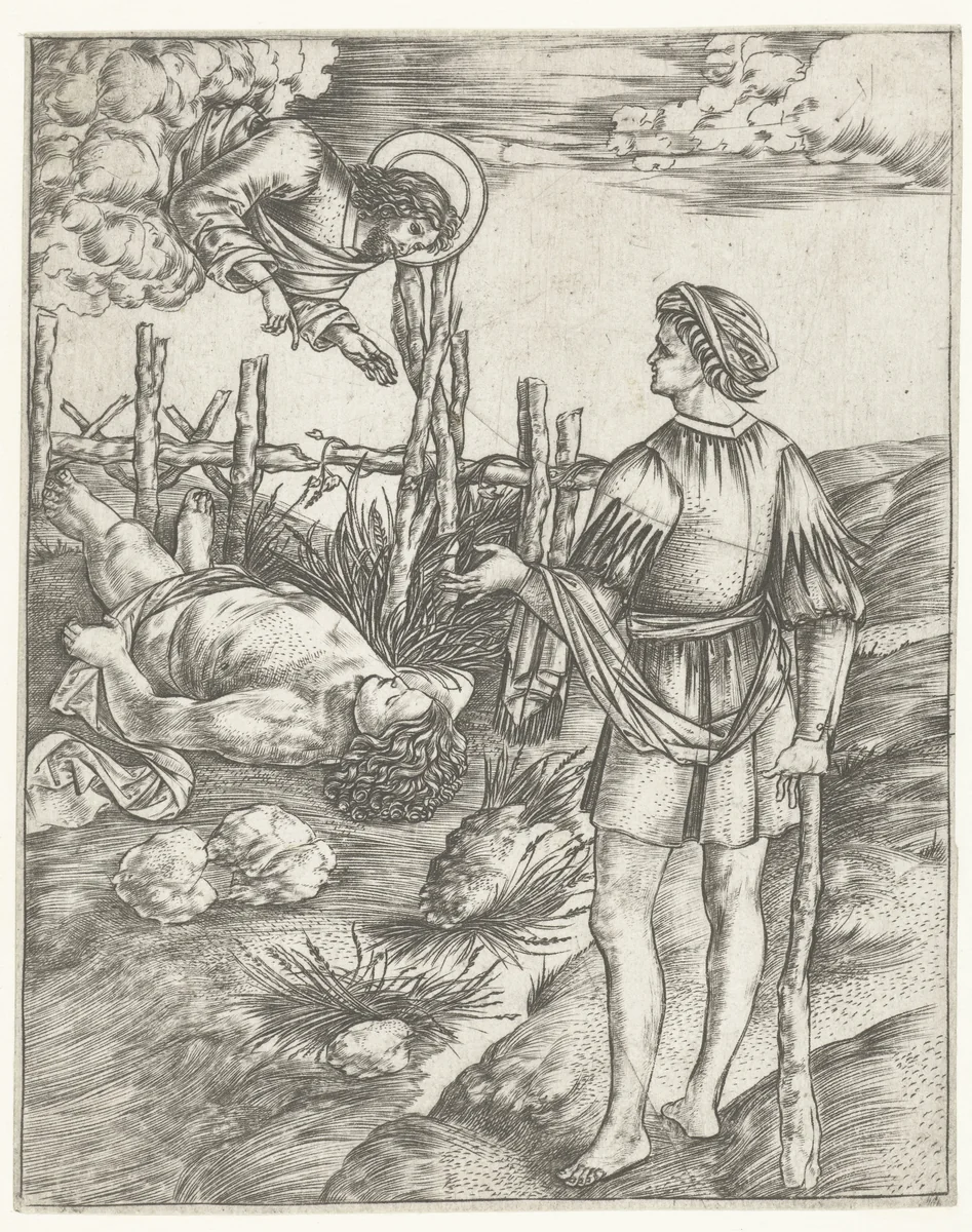 God spreekt tot Kain die bij dode lichaam van Abel staat by Christoforo di Michele Robetta, print, 1480-1535