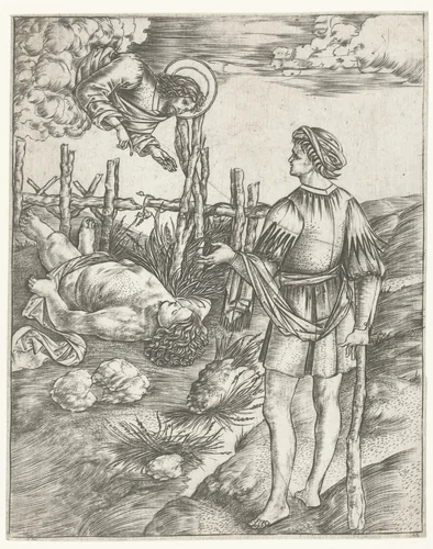 God spreekt tot Kain die bij dode lichaam van Abel staat by Christoforo di Michele Robetta, print, 1480-1535