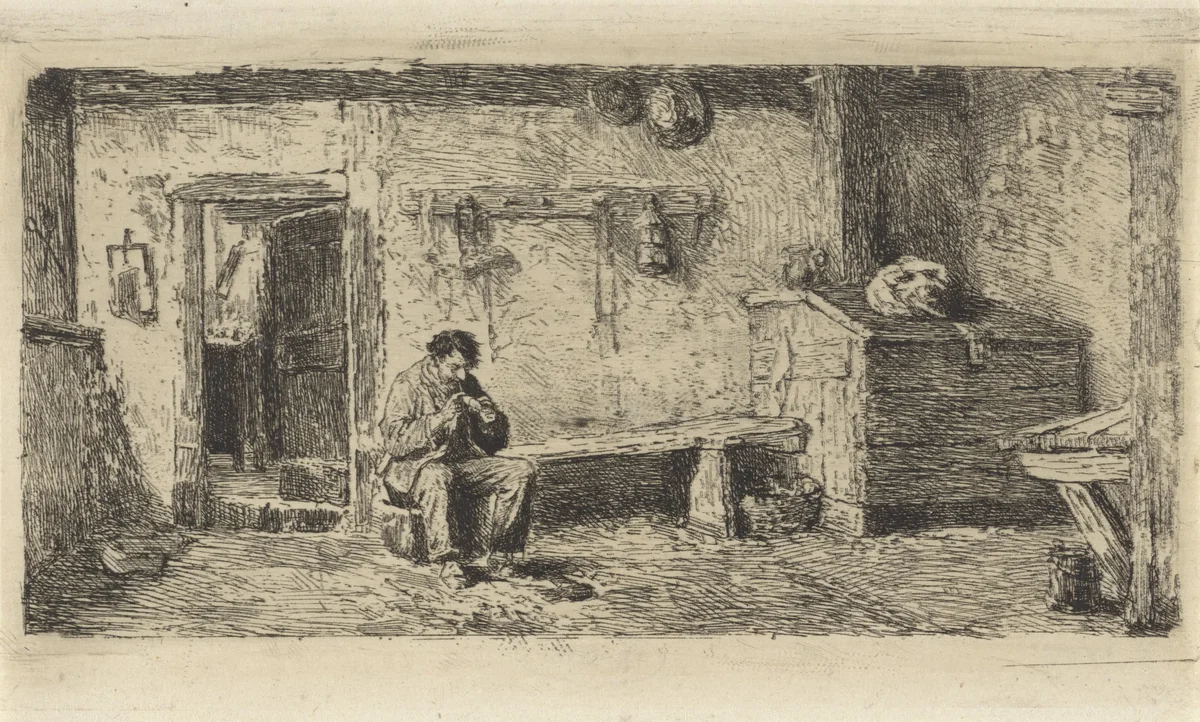Pijprokende man in een schuur by Hendrik Jacobus Scholten, print, 1834-1879