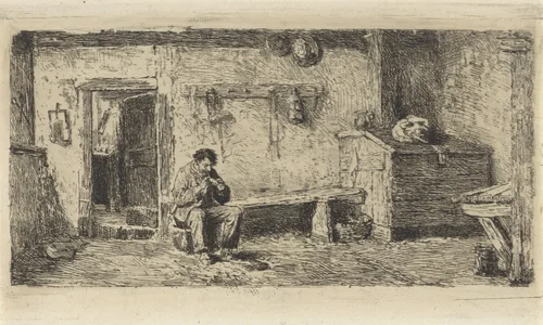 Pijprokende man in een schuur by Hendrik Jacobus Scholten, print, 1834-1879