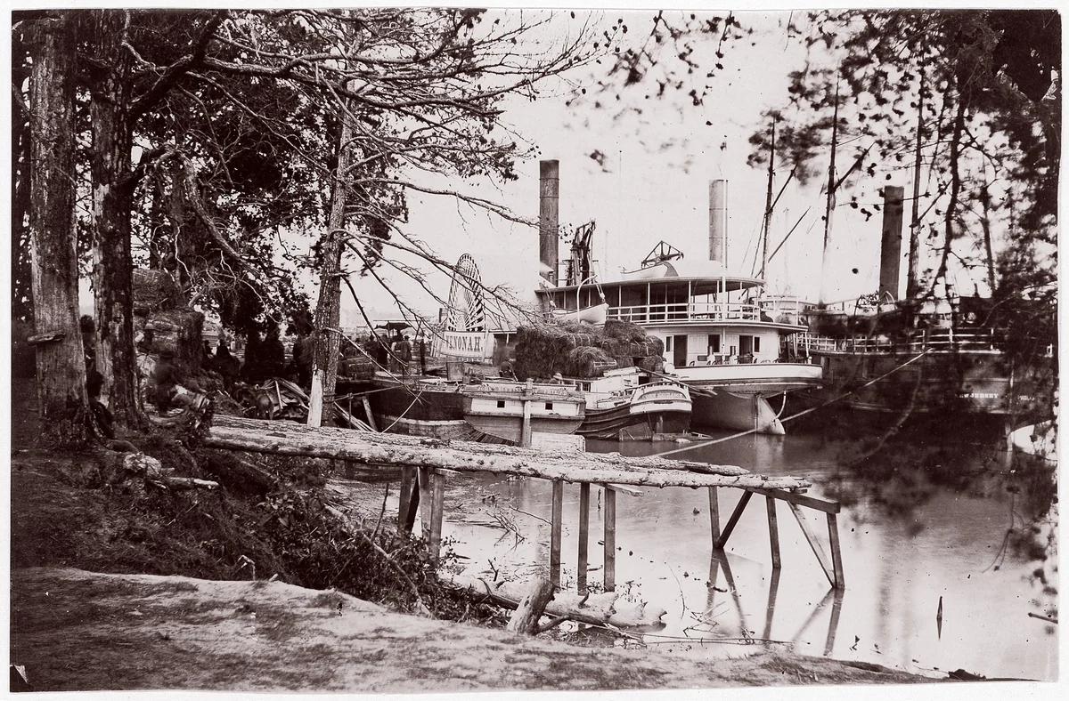 Pontoon Bridge at Deep Bottom, James River by Andrew Joseph Russell, photograph, 1864