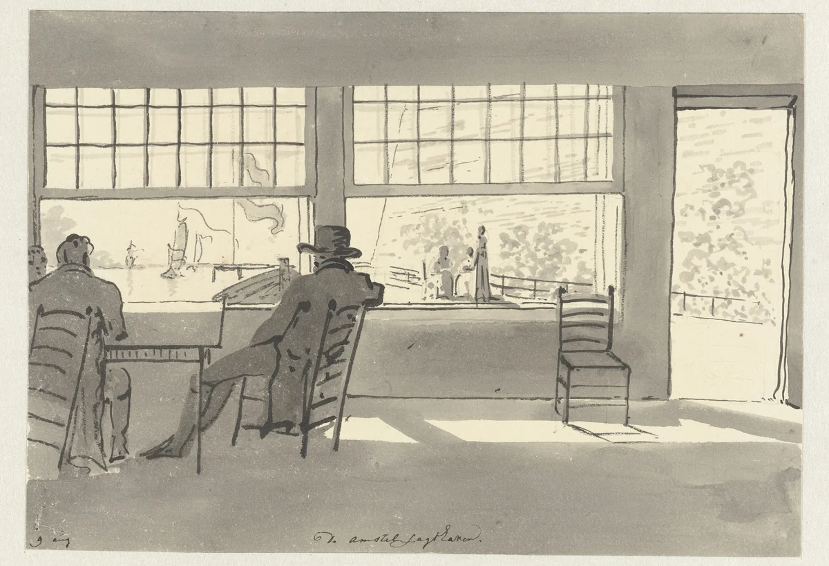 Looking Out over de River Amstel by Christiaan Andriessen, drawing, 1805-1808