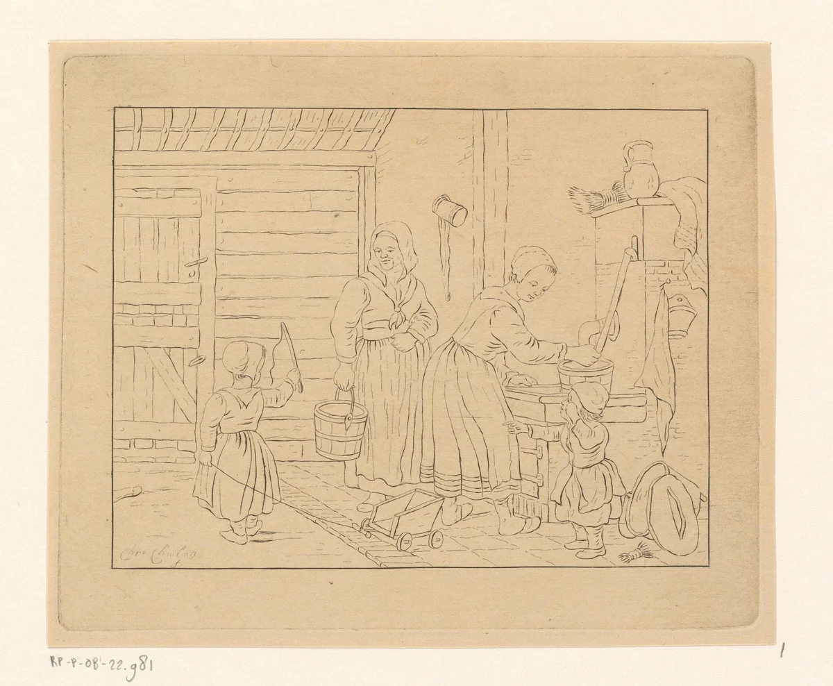 Vrouwen en kinderen in interieur bij waterpomp by Pieter de Mare, print, 1779-1796