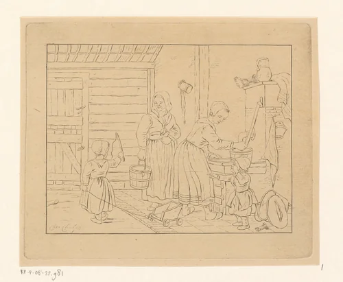 Vrouwen en kinderen in interieur bij waterpomp by Pieter de Mare, print, 1779-1796