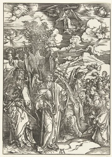 Engelen houden de vier winden tegen by Unknown, print, 1497-1498