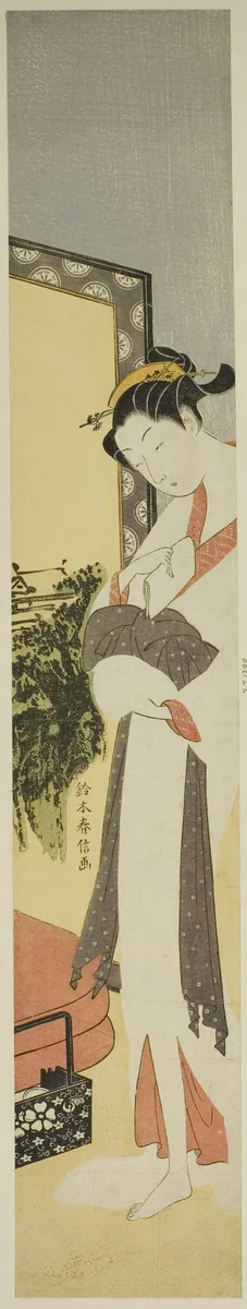 Courtesan Standing by Screen and Bed by Suzuki Harunobu (鈴木春信), print, 1763-1770