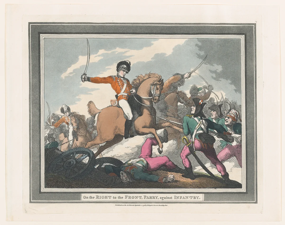 On the Right to the Front, Parry, against Infantry by Thomas Rowlandson, print, 1798