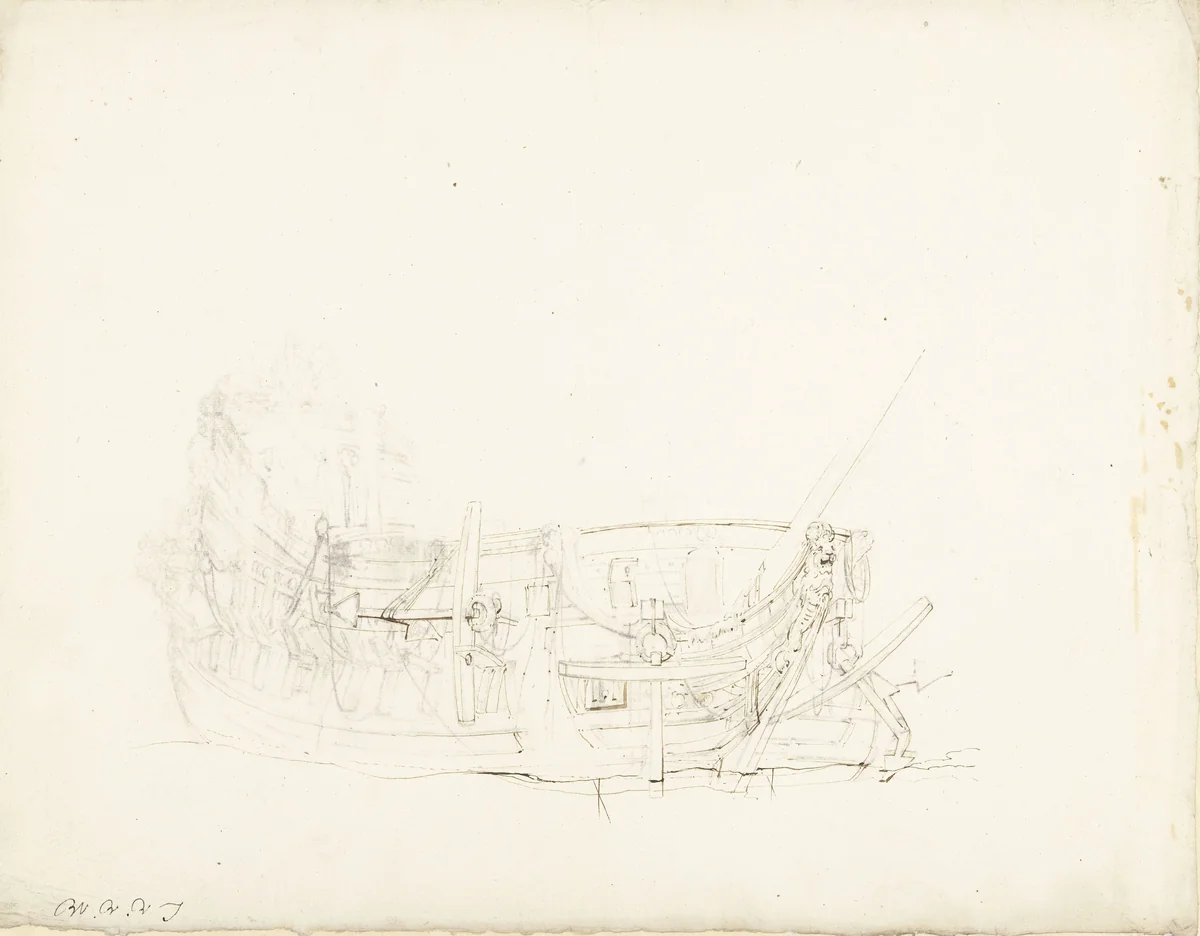 Oorlogsschip, van voren gezien by Willem van de Velde, drawing, 1643-1707