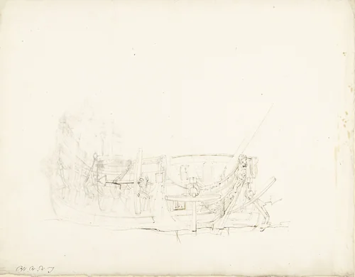 Oorlogsschip, van voren gezien by Willem van de Velde, drawing, 1643-1707