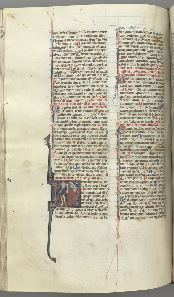 Fol. 222v, Psalm 52, historiated initial D, a fool naked but for a cloak, holding a bladder, bust of God above by Unknown, book, 1270-1300