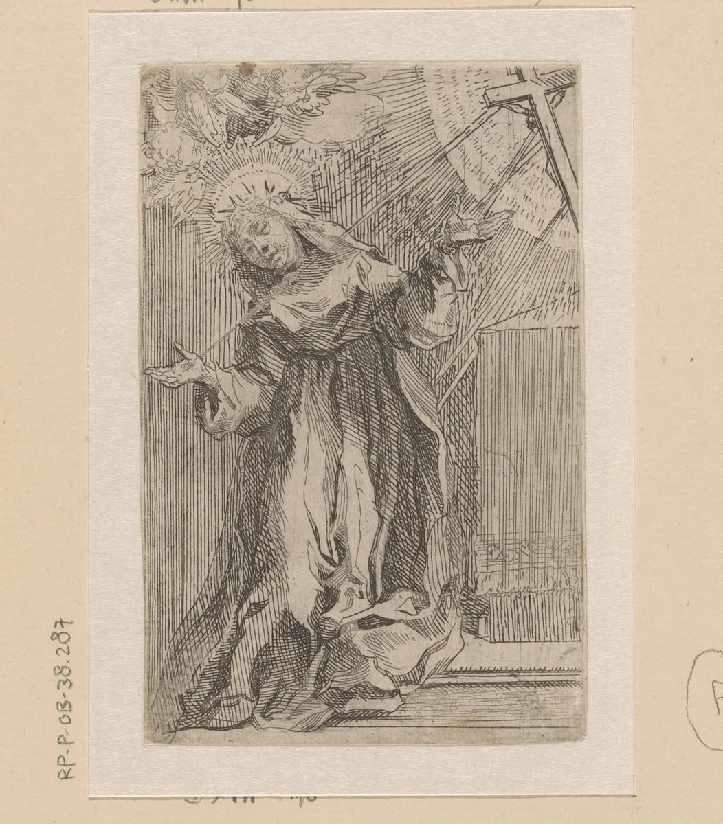 Heilige Catharina van Siena ontvangt de stigmata by Francesco Vanni, print, 1573-1610