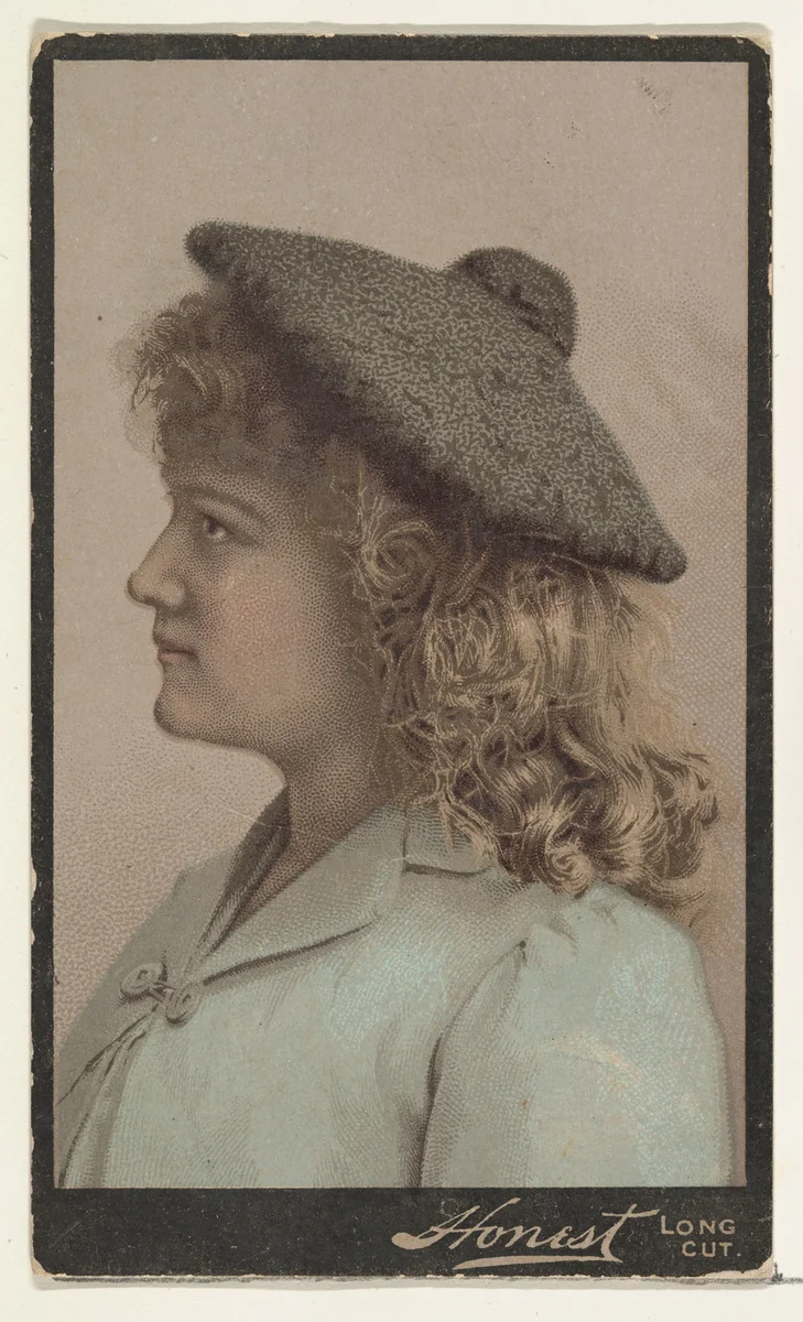 Actress wearing unstructured cloth cap, from Stars of the Stage, Third Series (N131) issued by Duke Sons & Co. to promote Honest Long Cut Tobacco by W. Duke, Sons & Co., print, 1891-1892