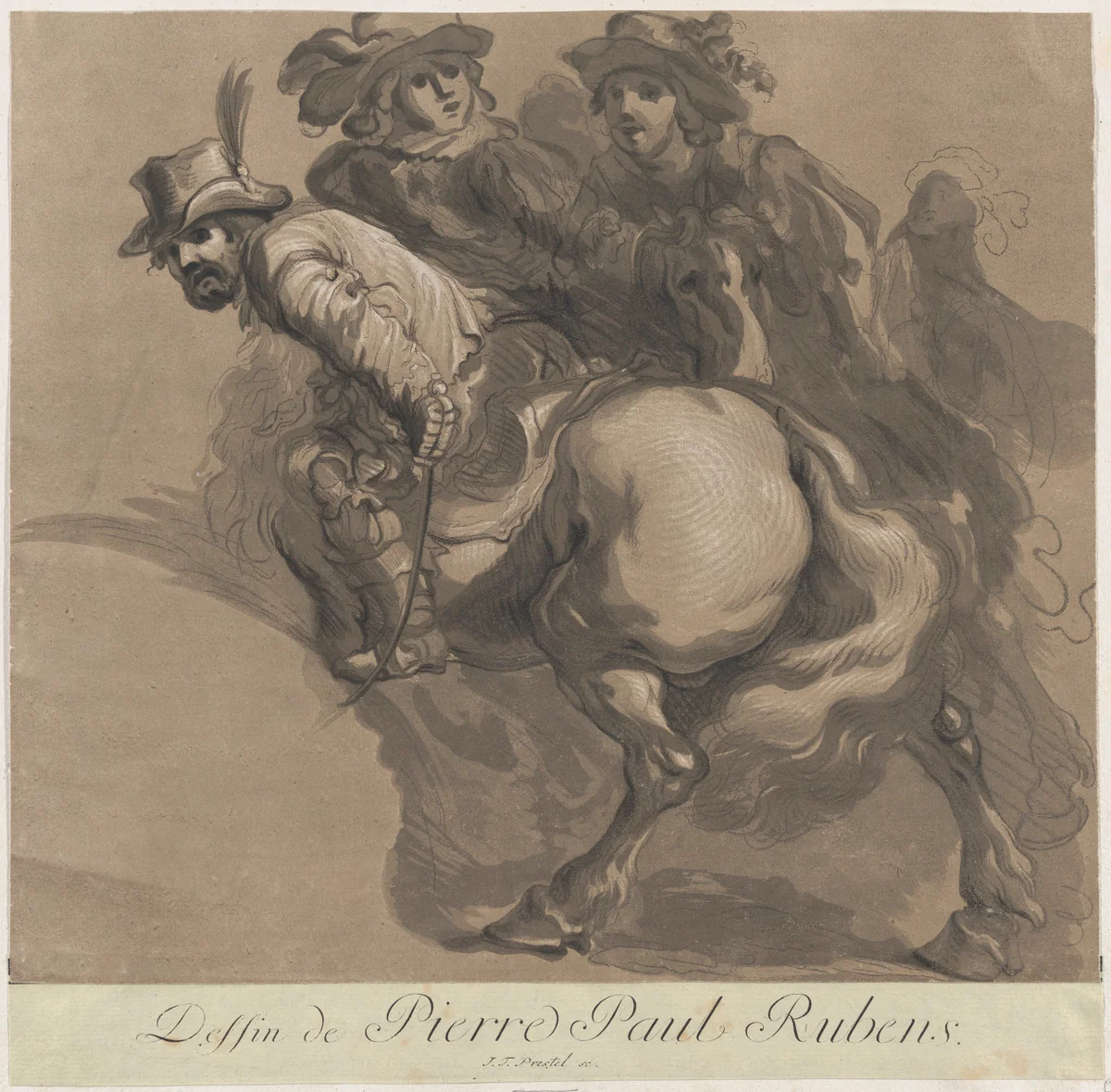 Three horsemen by Marie Catherine Prestel, print, 1765-1794