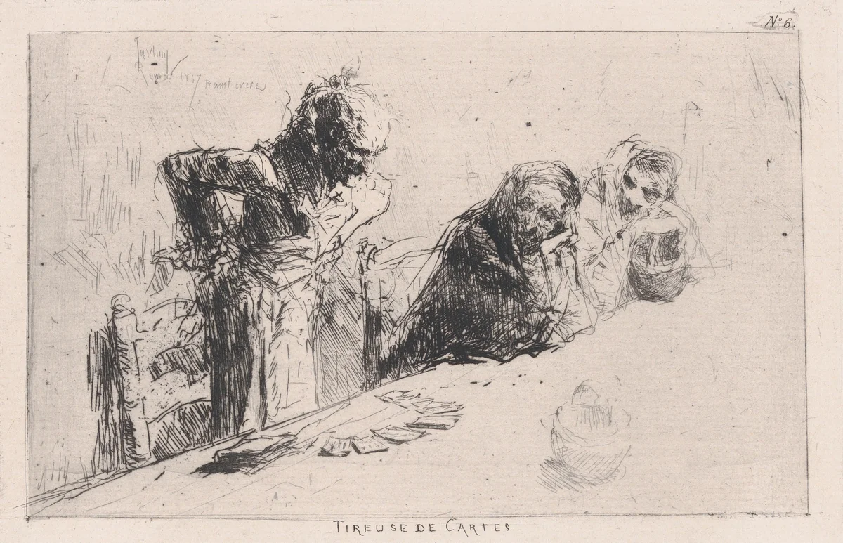 Cardplayers: three men, two seated one standing before a spread of cards on a table by Mariano Fortuny, print, 1867