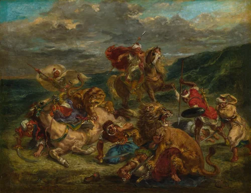 Lion Hunt by Eugène Delacroix, painting, 1860-1861