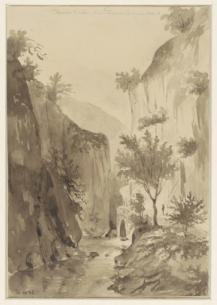Rivier tussen begroeide rotsen; rechts een weg by A Regnier, drawing, 1837
