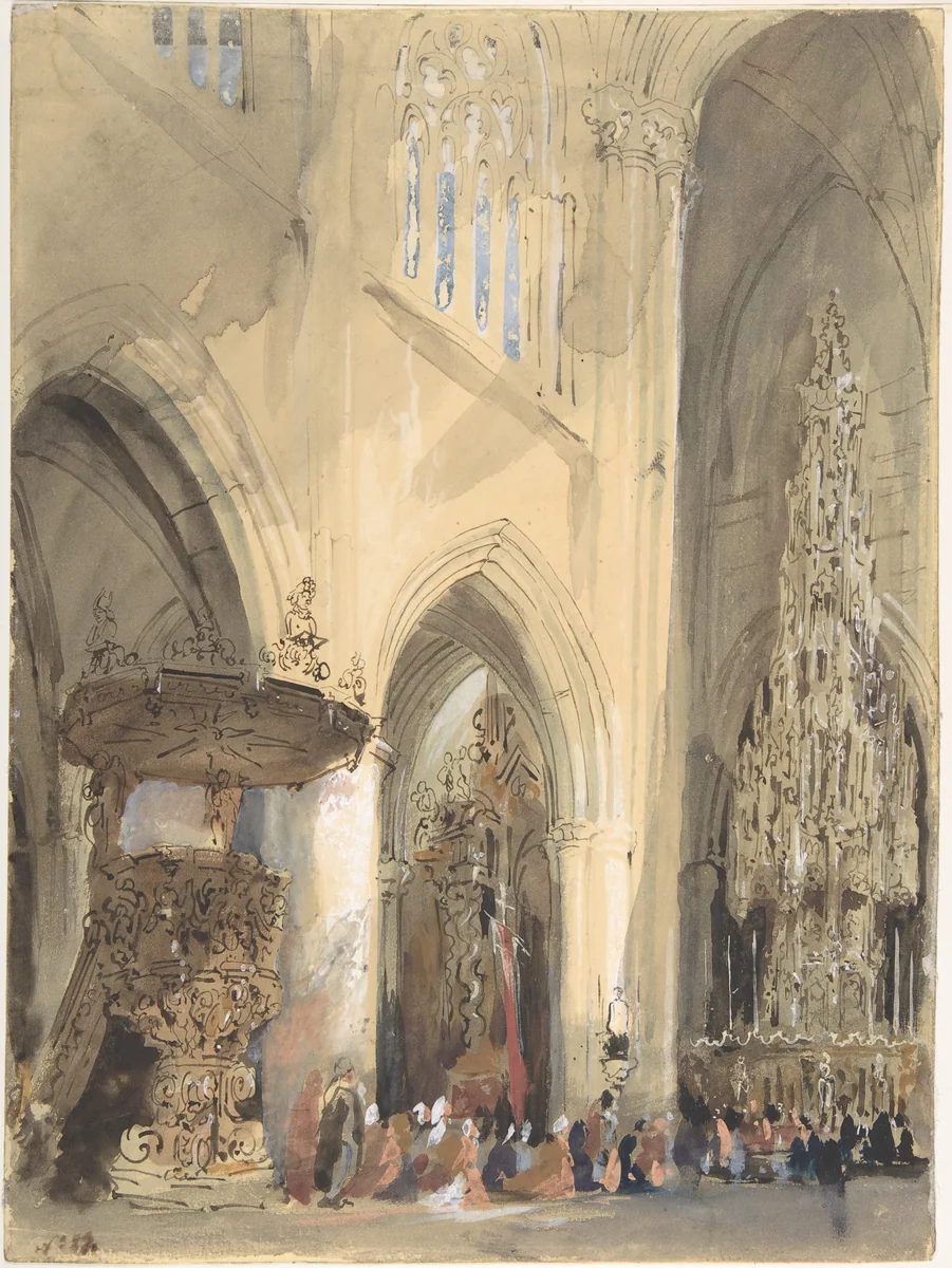Interior of the Church of St. Jacques, Louvain by Genaro Pérez Villaamil, drawing, 1807-1854