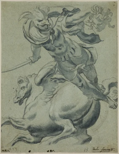 Perseus Holding the Head of Medusa, with Pegasus in the Background by Paolo Farinati, drawing, 1544-1606