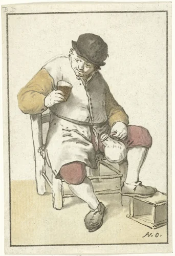 Zittende boer met kruik by Cornelis Ploos van Amstel, print, 1763-1768