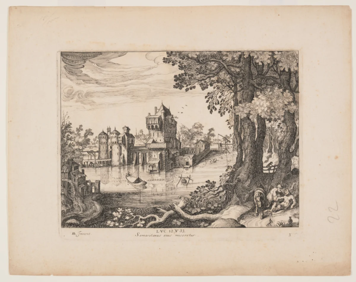 The Samaritan Finding the Man, from Landscapes with the Story of the Good Samaritan by Simon Frisius, print, 1600-1620