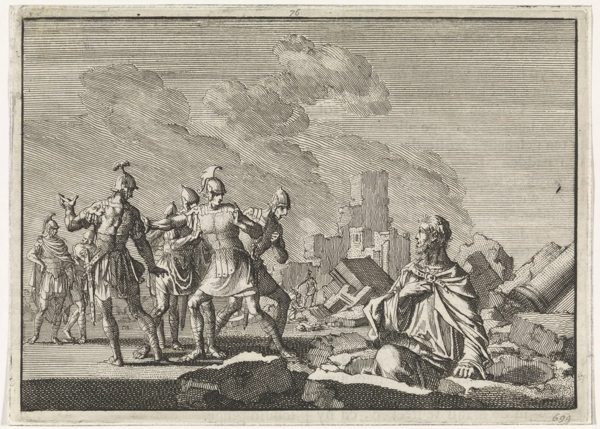 Simon, Giora´s zoon, komt tevoorschijn uit de puinhopen van de tempel by Jan Luyken, print, 1704