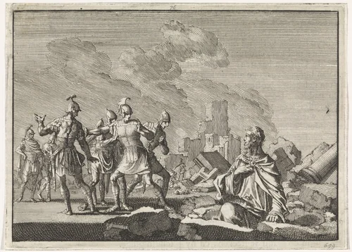 Simon, Giora´s zoon, komt tevoorschijn uit de puinhopen van de tempel by Jan Luyken, print, 1704