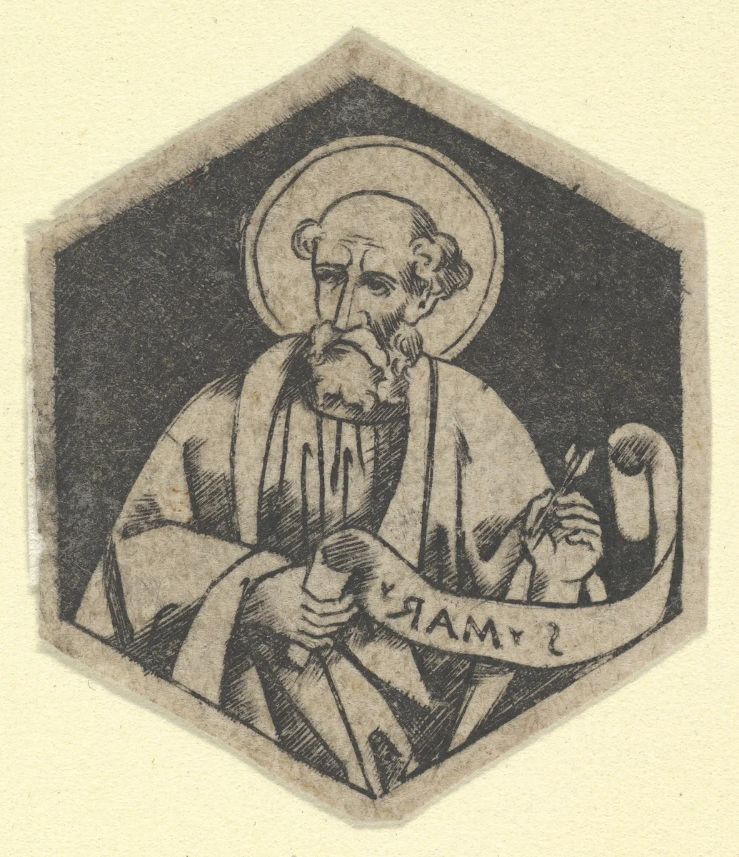 St Mark the Evangelist, holding a banderole (possibly a modern impression) by anonymous, print, 1475-1485