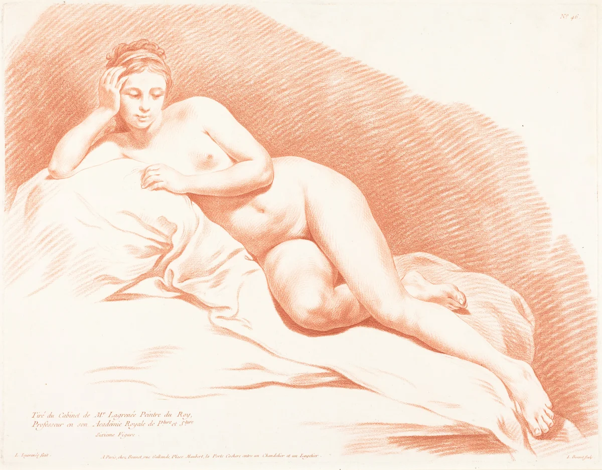 Reclining Female Nude by Louis-Marin Bonnet
Louis Jean François Lagrenée, print, 1771