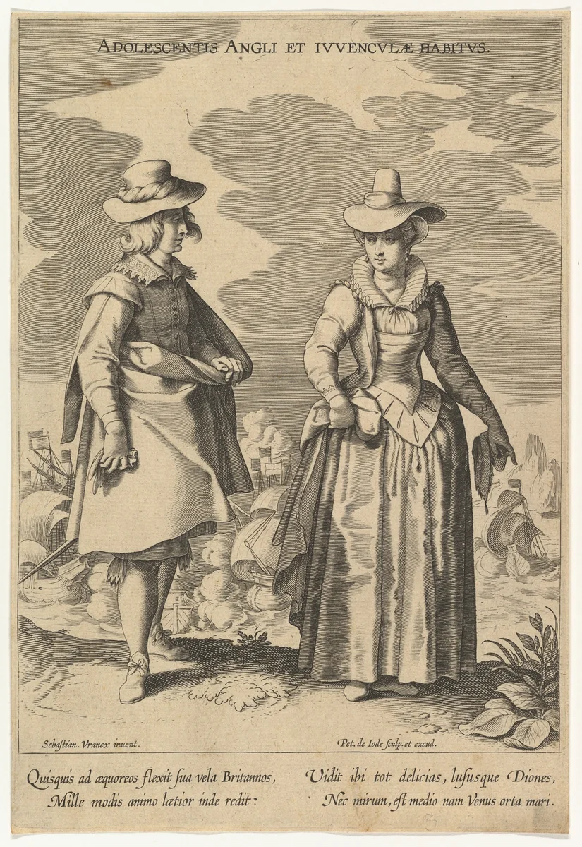 Adolescentis Angli et Iuvenculae Habitus, from Fashions of Different Nations by Pieter de Jode, print, 1580-1634