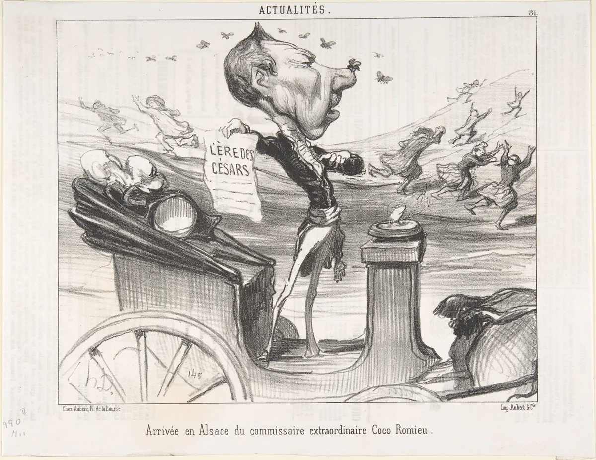 Arrivée en Alsace du commissaire extraordinaire Coco Romieu, published in Le Charivari by Honoré Daumier, print, 1850