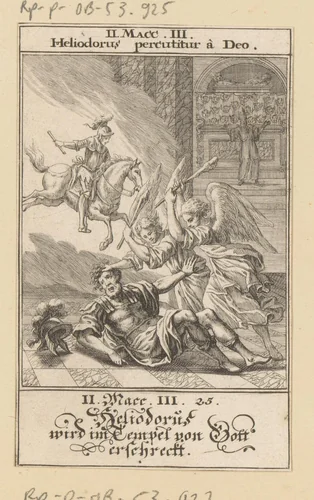 Heliodorus in de tempel aangevallen door engelen en een ruiter by anonymous, print, 1697