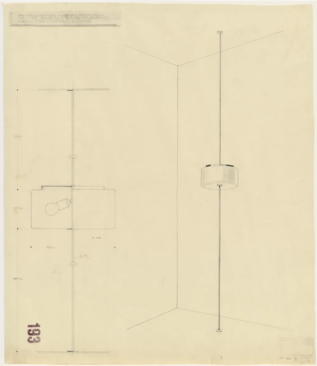 Tugendhat House, Brno, Czech Republic (Lamp placed on rod stretching from floor to ceiling. Perspective, section.) by Ludwig Mies van der Rohe, mies van der rohe archive, 1928