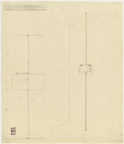 Tugendhat House, Brno, Czech Republic (Lamp placed on rod stretching from floor to ceiling. Perspective, section.) by Ludwig Mies van der Rohe, mies van der rohe archive, 1928