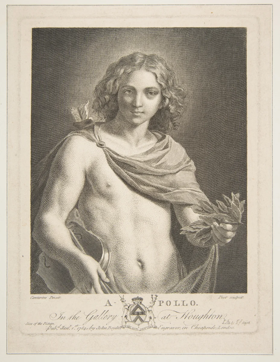 Apollo wearing a mantle and holding a laurel branch and violin by Victor Marie Picot, print, 1784