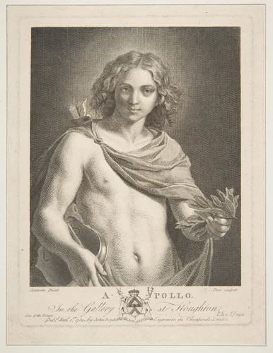 Apollo wearing a mantle and holding a laurel branch and violin by Victor Marie Picot, print, 1784