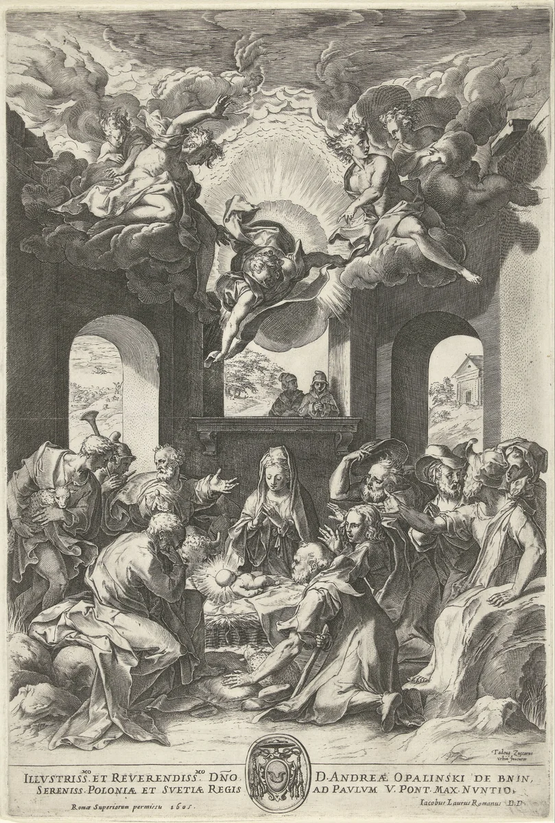 Aanbidding door de herders by Cornelis Cort, print, 1605