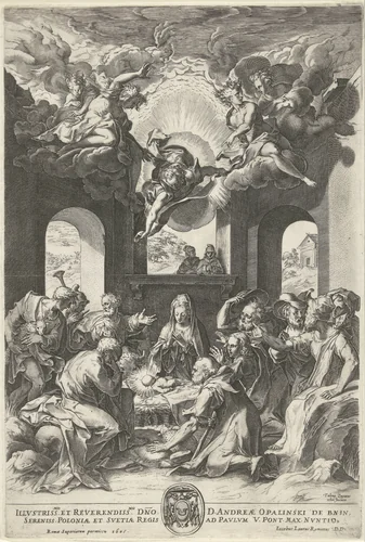 Aanbidding door de herders by Cornelis Cort, print, 1605