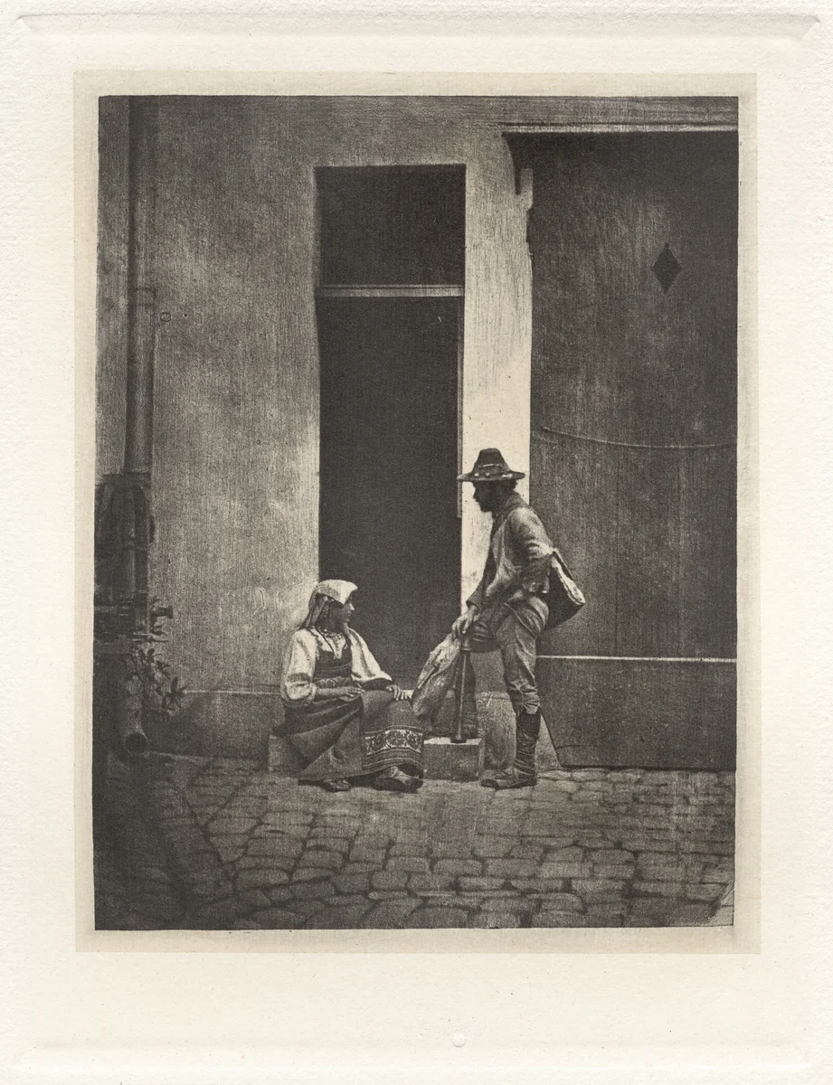 Planche IV – Pifferaro Debout et Paysanne Italienne Assise, dans la Cour du 21 Quai Bourbon (Plate IV – Pifferaro Standing and Italian Peasant Seated, in the Court of 21 Quai Bourbon) by Charles Nègre, photograph, 1854
