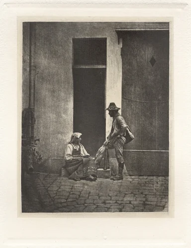 Planche IV – Pifferaro Debout et Paysanne Italienne Assise, dans la Cour du 21 Quai Bourbon (Plate IV – Pifferaro Standing and Italian Peasant Seated, in the Court of 21 Quai Bourbon) by Charles Nègre, photograph, 1854