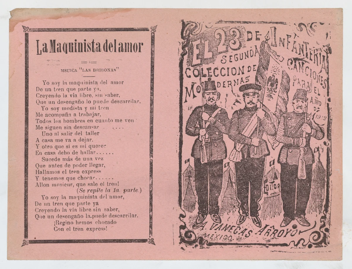 Cover for 'El 23 de Infanteria', three infantry soldiers standing in a line holding rifles and a flag by José Guadalupe Posada, print, 1907-1917